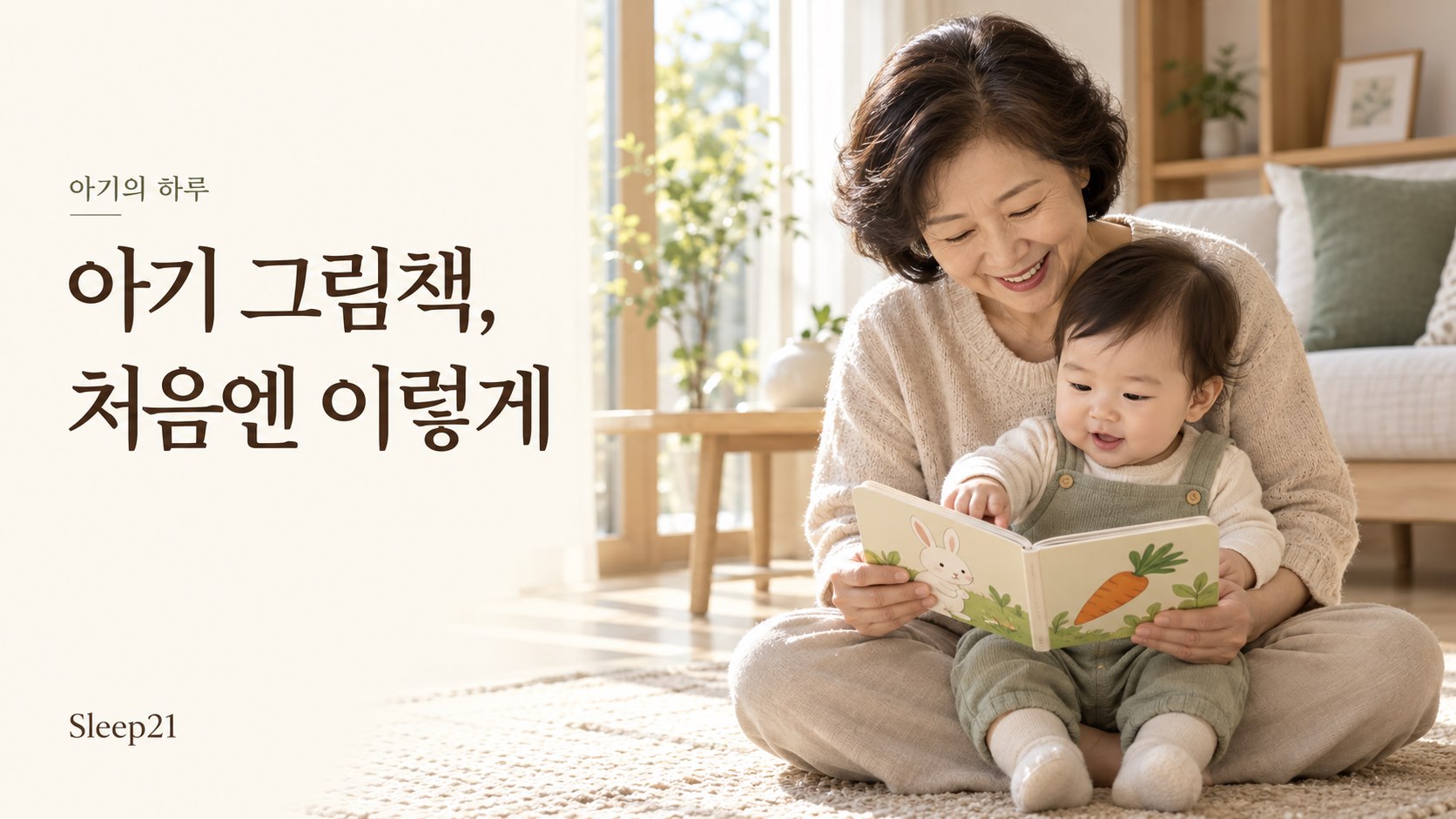 한국 가정에서 할머니가 아기를 무릎에 받쳐 안고 토끼 그림이 있는 두꺼운 그림책을 함께 보는 모습