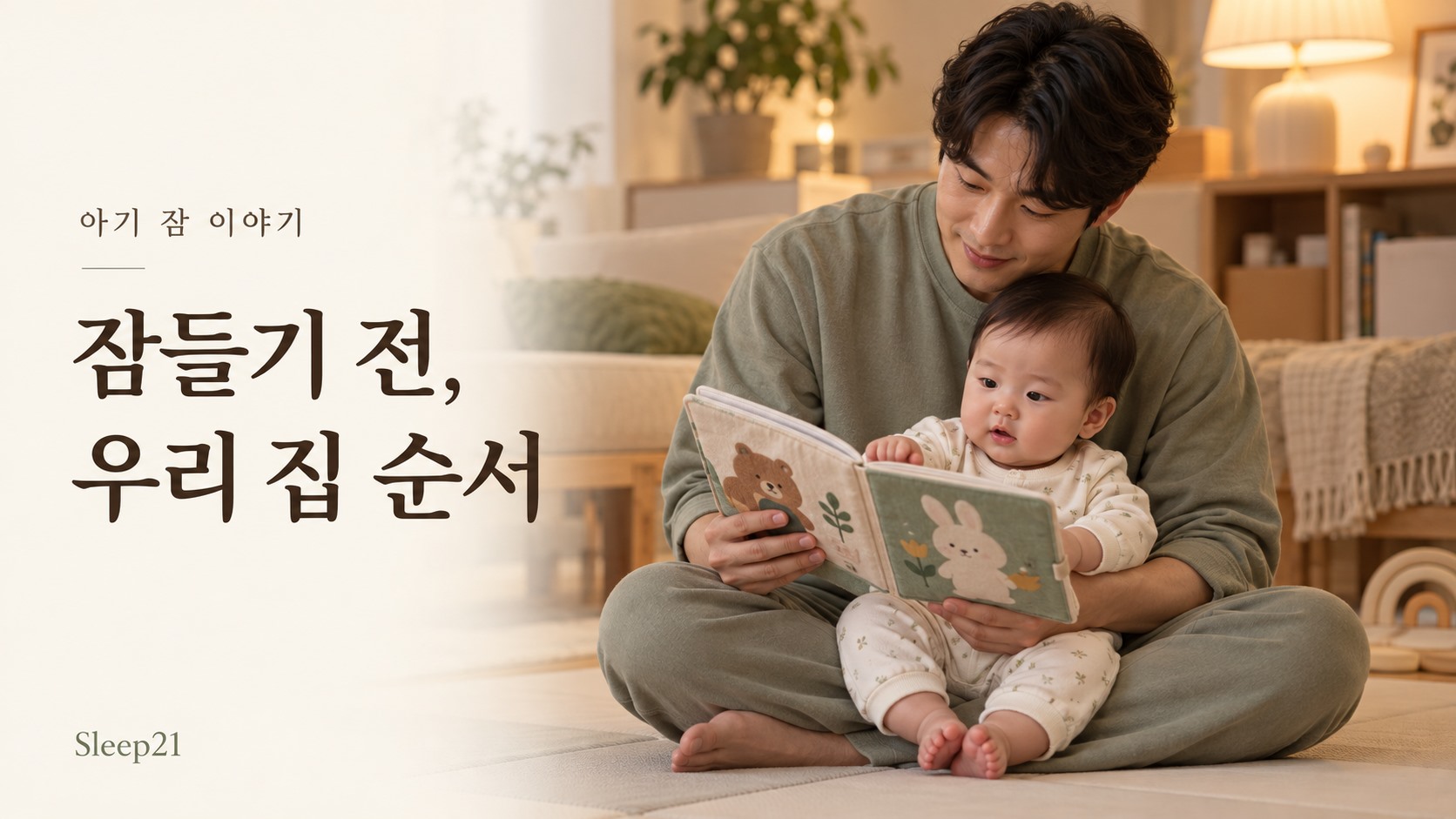 한국 가정의 저녁, 바닥에 앉은 아빠가 깨어 있는 아기를 무릎에 받쳐 안고 그림책을 함께 보는 모습