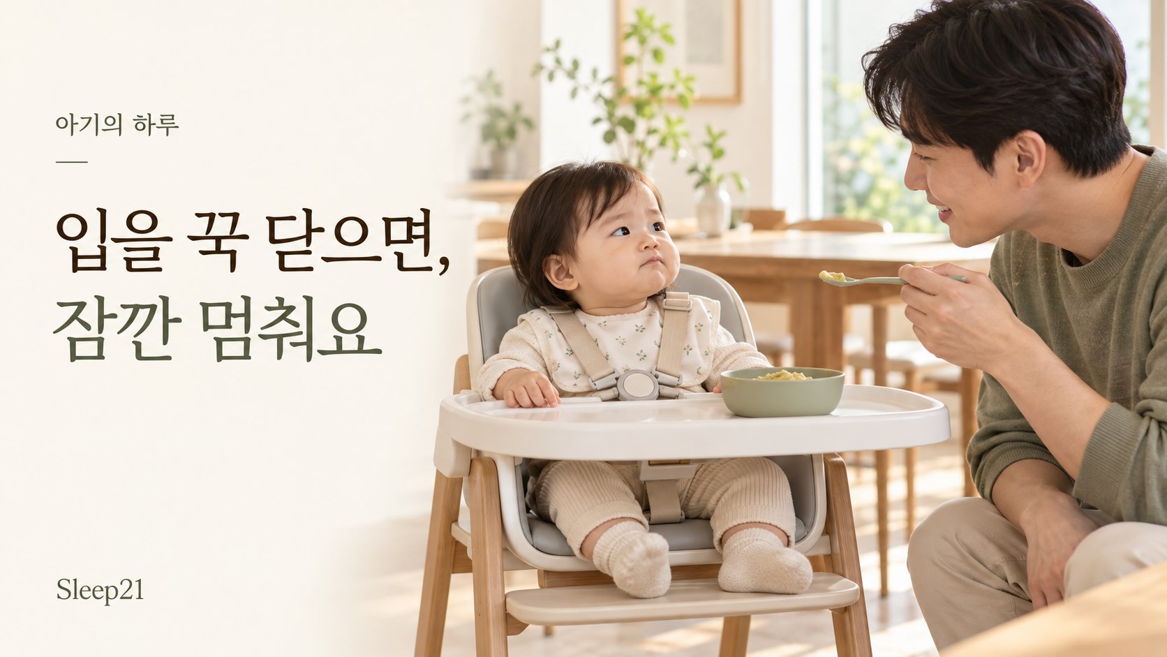 안전벨트를 한 아기가 식탁 의자에 앉아 입을 다물자, 아빠가 숟가락을 멈추고 아기 반응을 살피는 모습