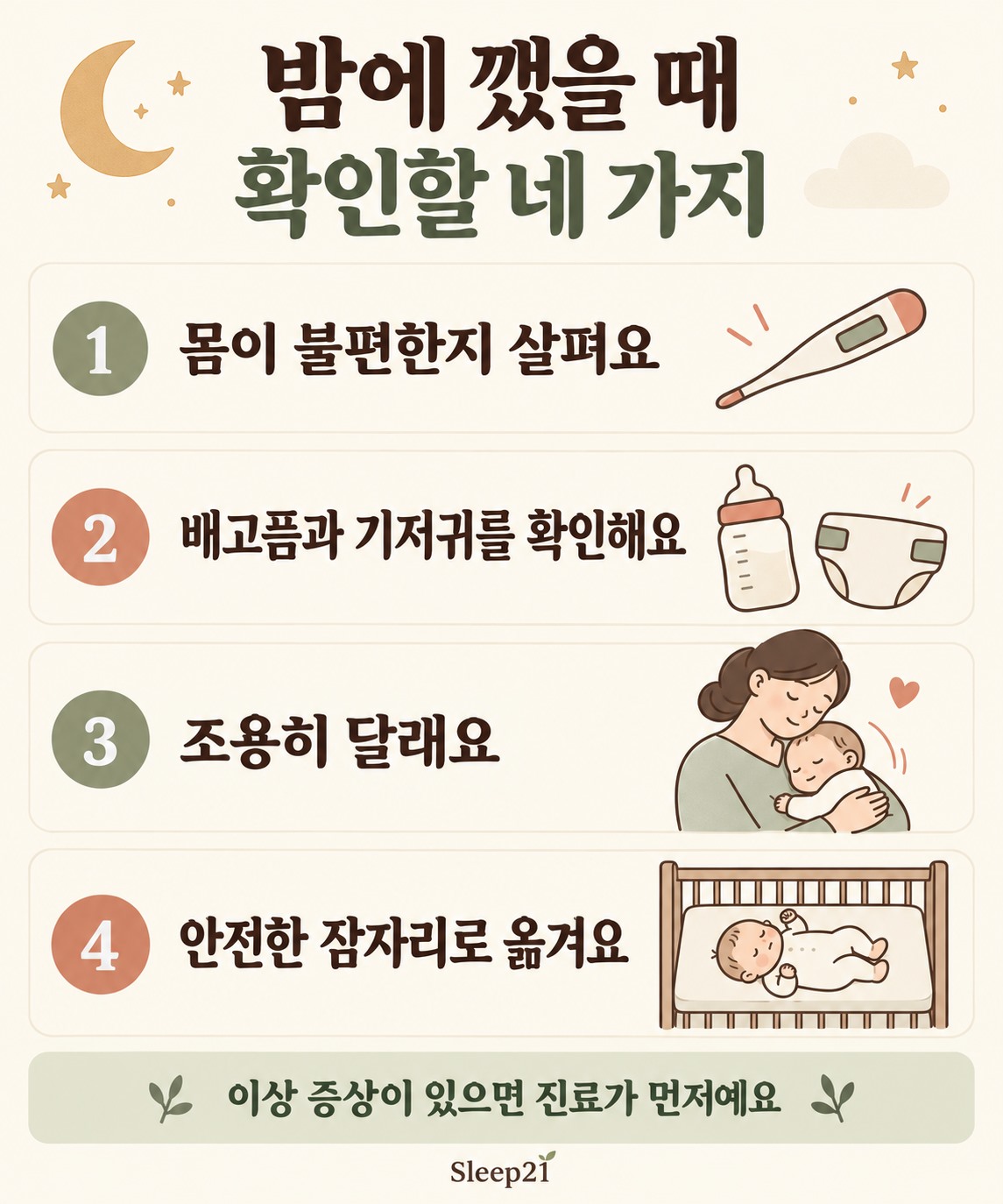 몸 상태, 배고픔과 기저귀, 조용한 돌봄, 안전한 잠자리를 확인하는 네 가지 항목