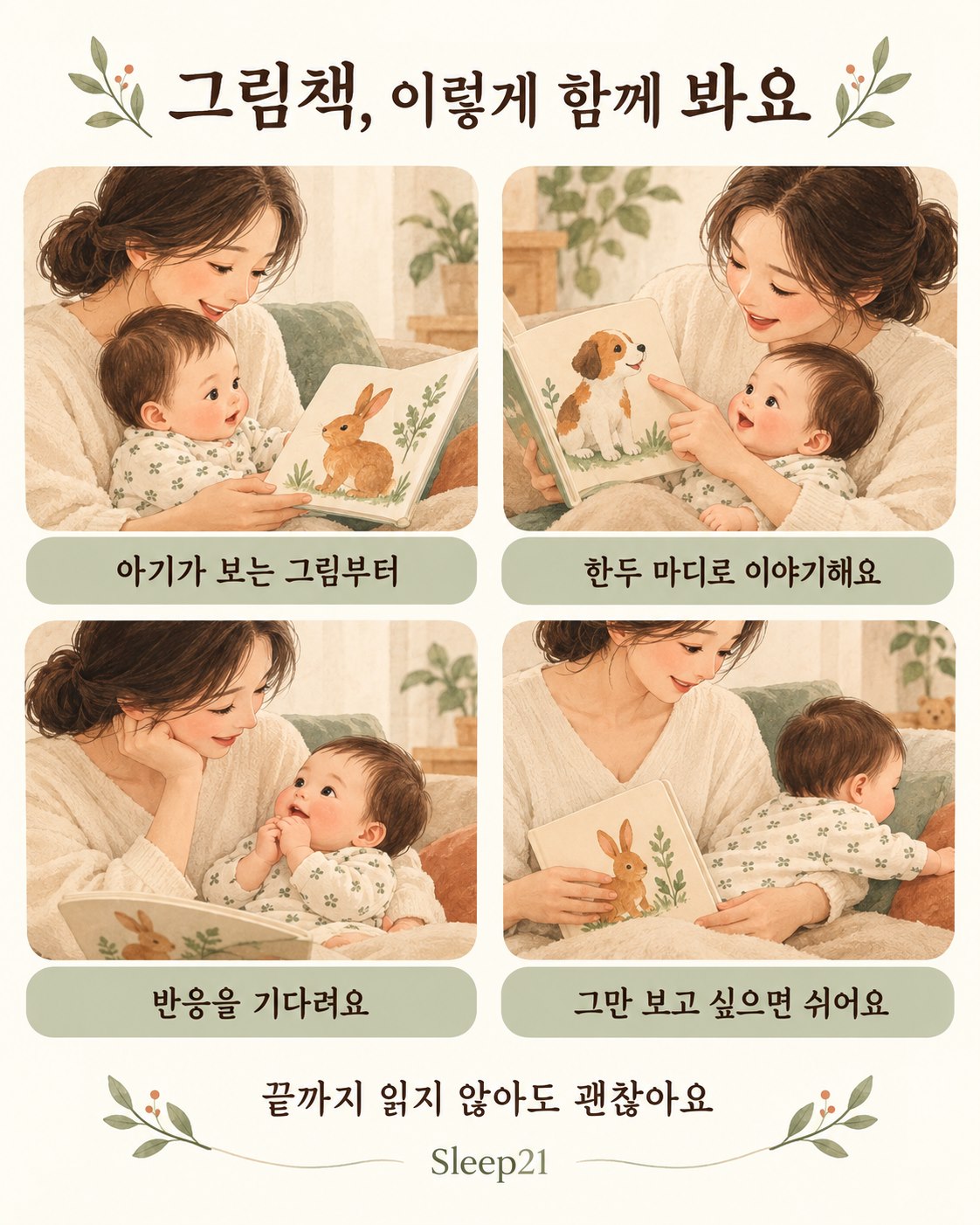 아기와 그림책을 보는 네 가지 방법: 관심 있는 그림부터 보고, 한두 마디로 이야기하고, 반응을 기다리고, 쉬고 싶어 하면 멈추기