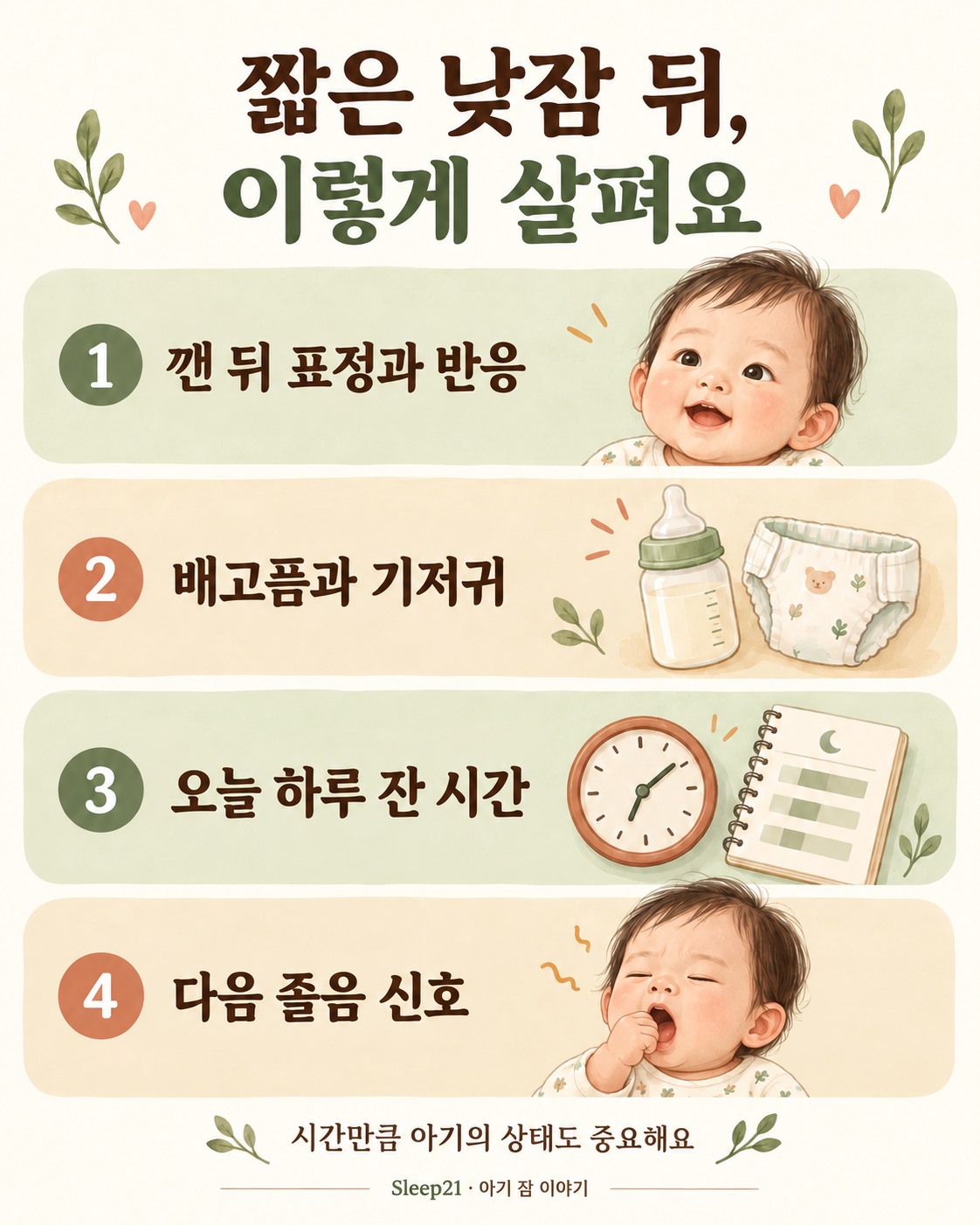 짧은 낮잠 뒤에는 아기의 표정과 반응, 배고픔과 기저귀, 하루 수면시간, 다음 졸음 신호를 함께 살피라는 안내