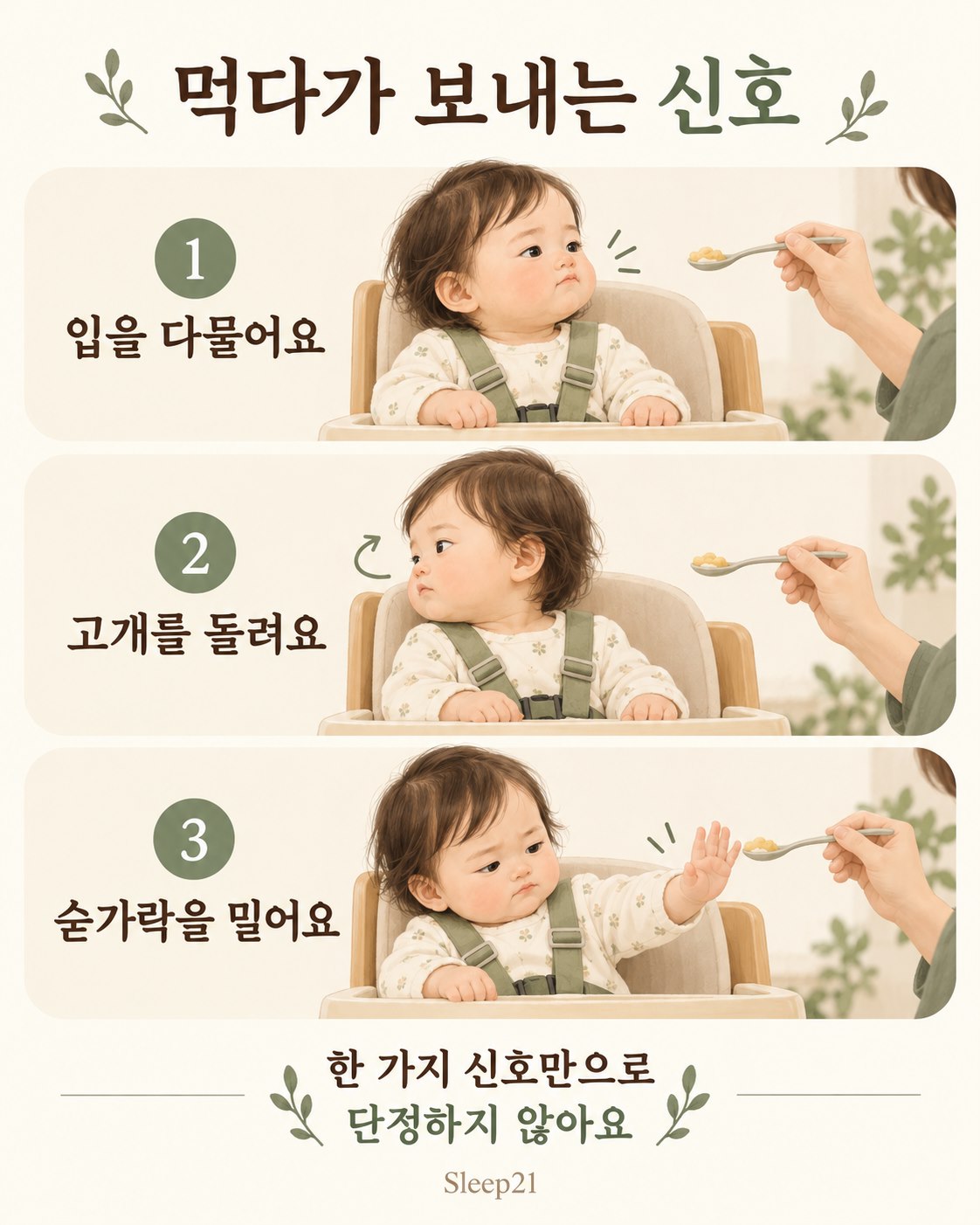 아기가 식사 중 입을 다물고, 고개를 돌리고, 숟가락을 미는 모습. 한 가지 신호만으로 배부르다고 단정하지 말라는 안내