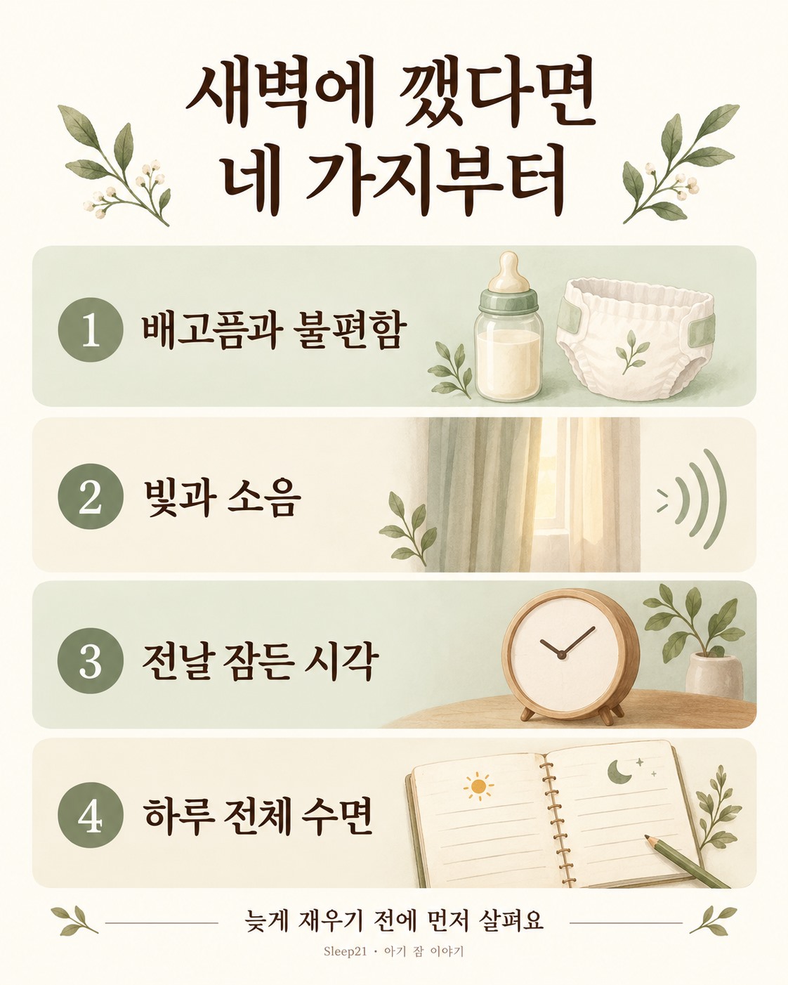 아기가 새벽에 깨면 배고픔과 불편함, 빛과 소음, 전날 잠든 시각, 하루 전체 수면을 살피라는 안내